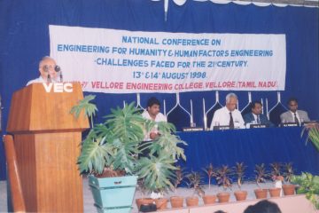 A National Conference on "Engineering for Humanities and Human Factors" was held at VEC college on August 13-14, 1998, with Chief Guest Mr. S. Rame Gowda, Chairman of AICTE.